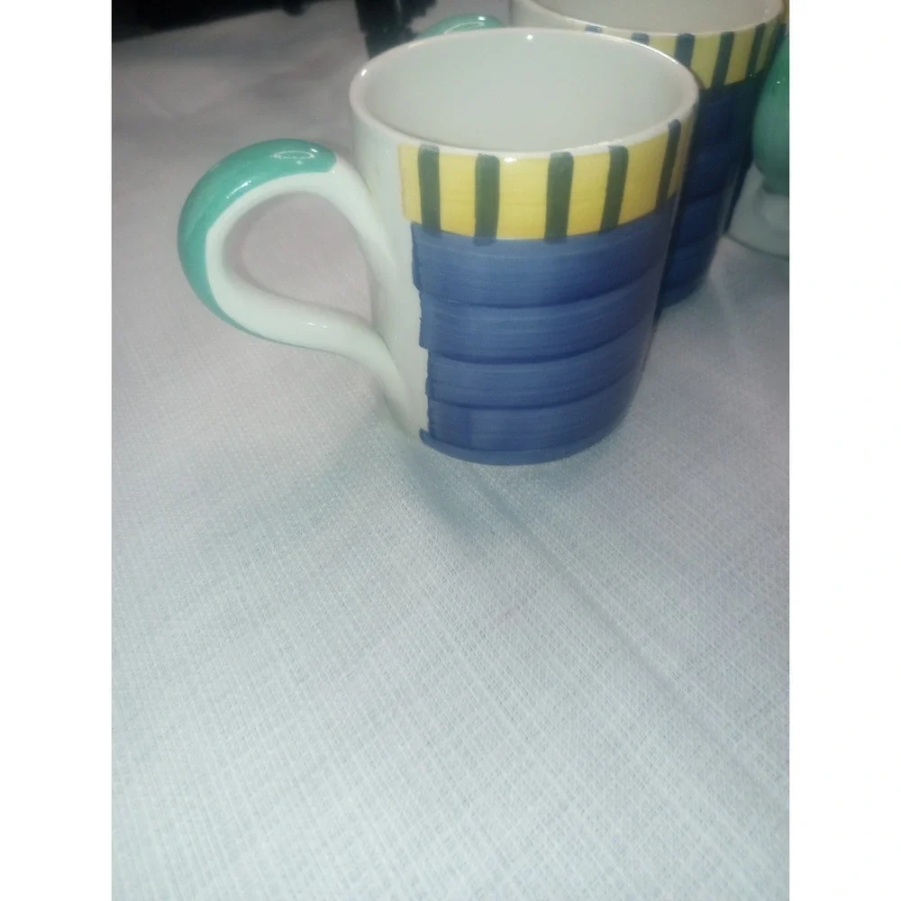 Pier One Italy Hand‎ Painted Coffee Mugs Set of 4 Blue Stripe